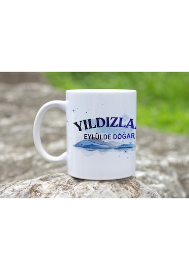 Yıldızlar Eylülde Doğar Yazılı Doğum Günü Kupa Bardak Mavi Işıltılı Gökyüzü Tasarım Hediye Beyaz