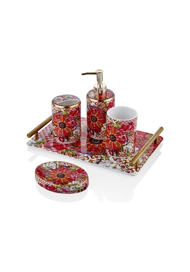 Lilyum Desen Porselen 5li Banyo Seti 31x20cm Çok Renkli