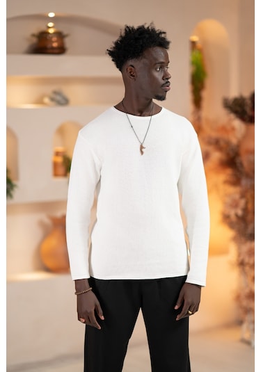 Regular Fit Likralı Kendinden Çizgili Mevsimlik Spor Kazak Beyaz