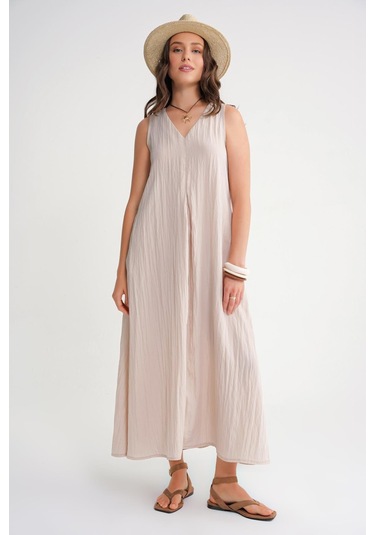 4700 Kadın V Yaka Önü Pileli Elbise Taş Taş