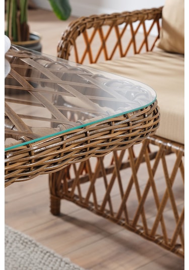 Roma Rattan Bahçe Balkon Takımı 2+1+1 Cam Masalı Kahve Kahverengi