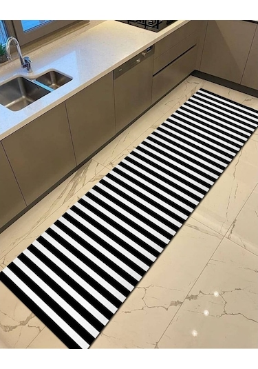 Yatay Çizgi Sade, Kaymaz Deri Taban Mutfak Halısı