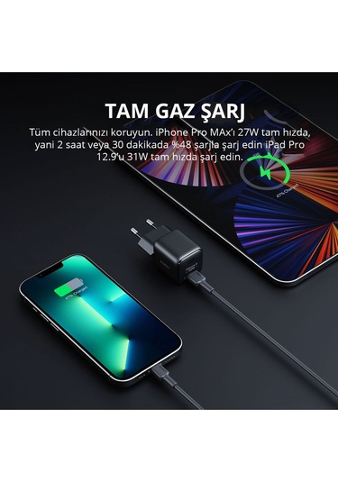 Aukey PA-B1L-BK 30 W Omnia Mini Gan Type-C PD Şarj Adaptörü - Siyah