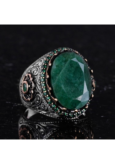 Gerçek Doğal Taş Yüzük - 925 Ayar Gümüş El Yapımı Yüzük Zümrüt Gümüş