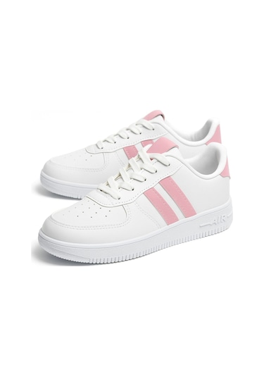 Günlük Unisex Spor Ayakkabı Bağcıklı Dikiş Detaylı Hafif Kalın Yüksek Taban Sneaker 4005 Beyaz - Pembe