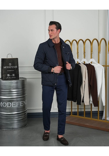 Modefendi Slim Fit Baklava Desen Torba Cep Dolum Elyaf Mont Lacivert
