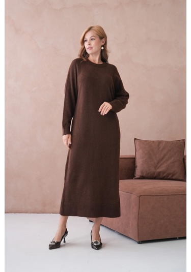 Kadın Bisiklet Yaka Yumuşak Dokulu Maksi Boy Şardonlu Oversize Triko Elbise 8324sw Kahve