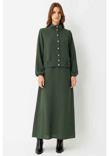 Büzgü Detaylı Elbiseli Takım Haki Haki