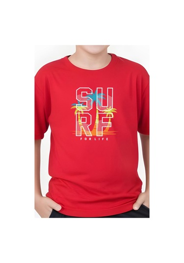 Surf Baskılı Erkek Çocuk Kısa Kollu Tişört Kırmızı