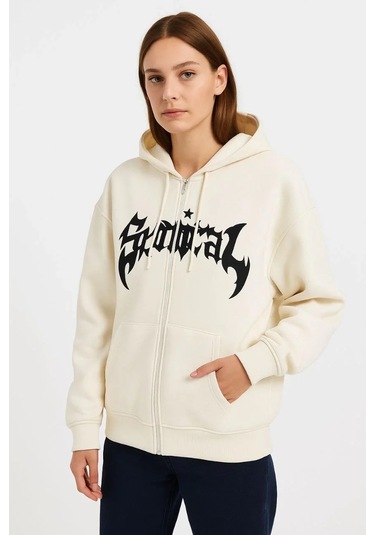 Kadın Oversize Kapüşonlu Sweatshirt Hoodie 3 İplik Şardonlu Pamuklu Kumaş, Önü Baskılı, Fermuarlı Ra Beyaz