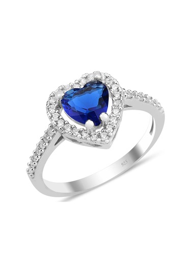 Gümüş Rodyumlu Safir Taşlı Pırlanta Montürlü Kalp Modeli Yüzük