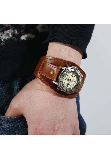 Siyah Erkekler Punk Retro Basit Moda Pin Toka Kayış Deri Saat