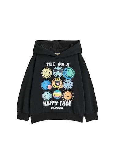 Happy Face Kapüşonlu Çocuk Sweatshirt Siyah