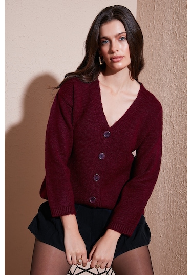 Lela Regular Fit V Yaka Düğmeli Triko Bayan Hırka 4616229 Bordo
