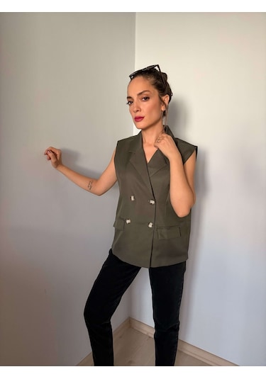Ali Butik Haki Kruvaze Premium Yelek Haki