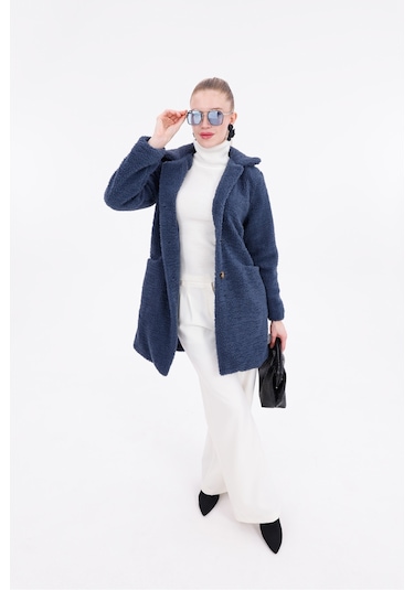 Düğmeli Cepli Kadın Peluş Kaban İndigo