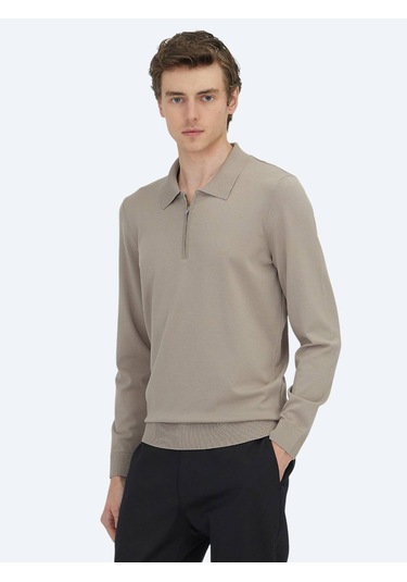Açık Vizon Polo Yaka Düz Örgü Triko Kazak Vizon