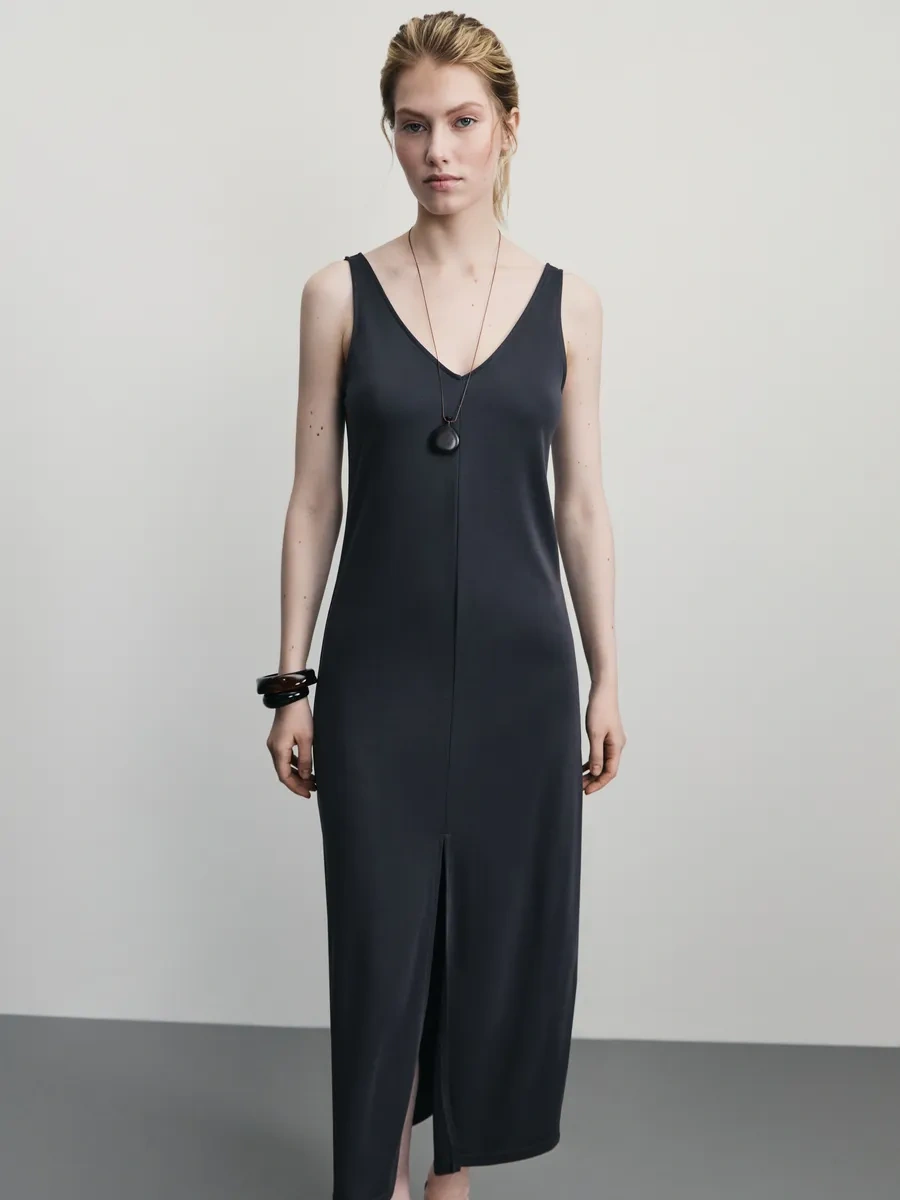 Zarına Yazlık Elbise Uzun Yırtmaçlı Süspanter 376500970 Antrasit-gri