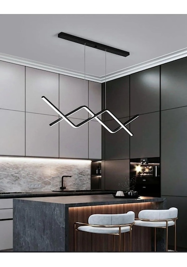 Utku Modern Tasarım Siyah Renk Yemek Masası Üstü - Mutfak - Salon Beyaz Led 2 Li Avize Siyah