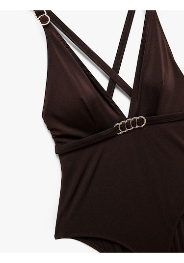 Koton Aksesuarlı Derin V Yaka Arkası Çapraz Askılı Mayo Kahverengi 5sak20044mm Kahve