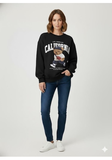 Afri Siyah Oversize Ayıcık Baskılı Kaşkorse Ribanalı 3 İplik Sweatshirt Siyah