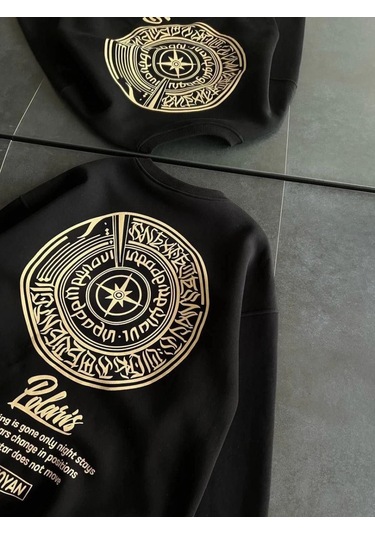 Mbb E-ticaret Kadın 3 İplik Pamuklu Bisiklet Yaka Baskılı Sweatshirt - Siyah