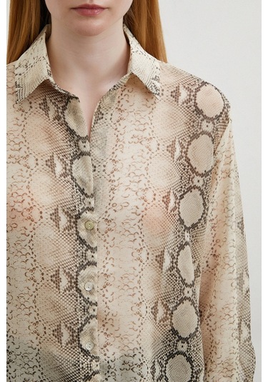 Yılan Derisi Desenli Tül Gömlek Bej Bej