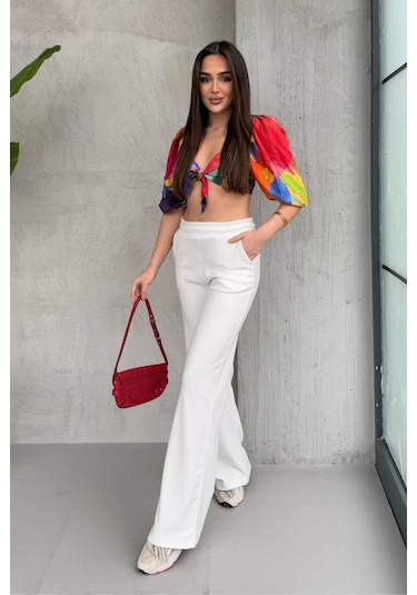 Kadın Ekru Yüksek Bel Bol Paça Kaşkorse Fitilli Cepli Pantolon Eşofman Altı Mtlcb104-ekru Ekru