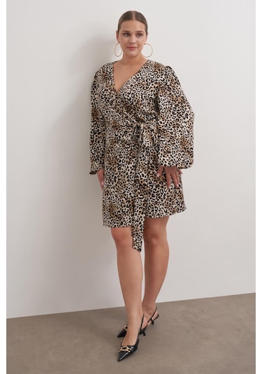Beli Kuşaklı Leopar Elbise-2571 Kahverengi