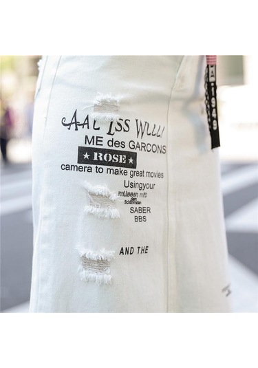 Kadın Ön Delik Kot Etek Yaz Uzun Etekler Yüksek Bel Kot Etek Artı Boyutu Beyaz