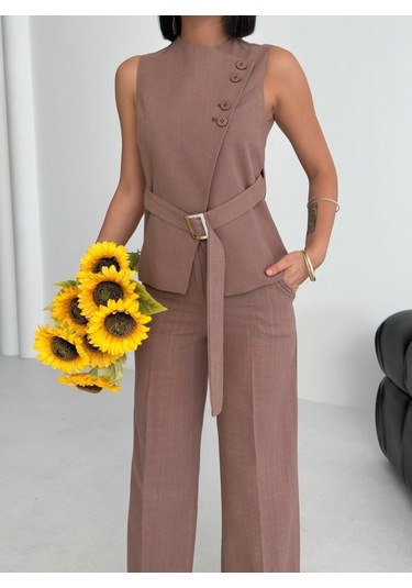 Ti Na Asi Metri K Keten Yelek Pantolon Takim Kahve