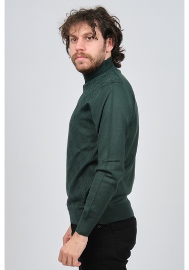 Pave Erkek Yarım Balıkçı Desenli Yün Kazak 4537210 Yeşil Yeşil