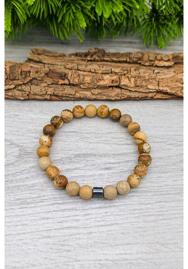 Erkek Taş Jasper Doğal Taş Tesbih Ve Bileklik Set 8 Mm Bt049 Kahverengi - Beyaz