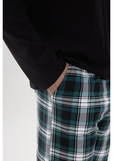 Erkek Pamuklu Uzun Kollu Yamalı Ekose Desenli Pijama Takımı Ko60104 Yeşil