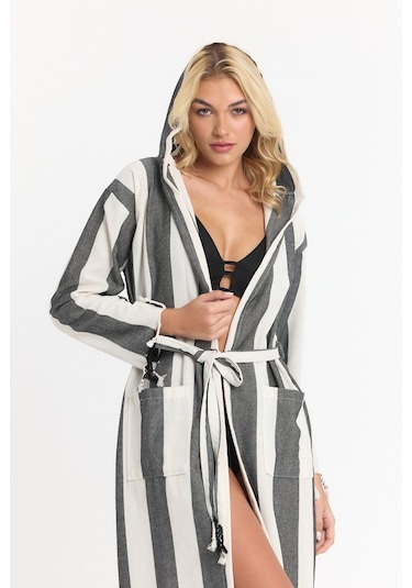 Mulberry Striped Peştemal Bornoz Banyo Ve Plaj Elbisesi Siyah