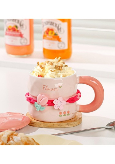 Tatlı Çiçekli Kahve Fincanı 380 Ml Kapaklı Ve Kaşıklı Seramik Kupa Pembe