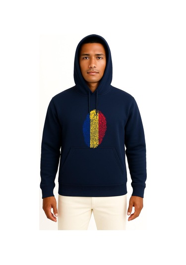 Kapüşonlu Romania, Flag, Fingerprint Göğüs Tasarımlı Unisex Sweatshirt Lacivert