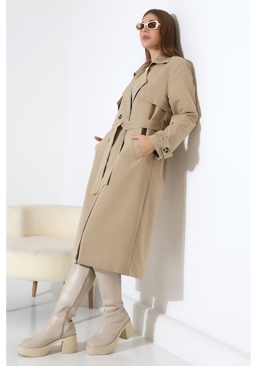 Amazon Keten Kumaş Diz Altı Yumuşak Dokulu Düğmeli Astarlı Trenç Kot Taş Taş