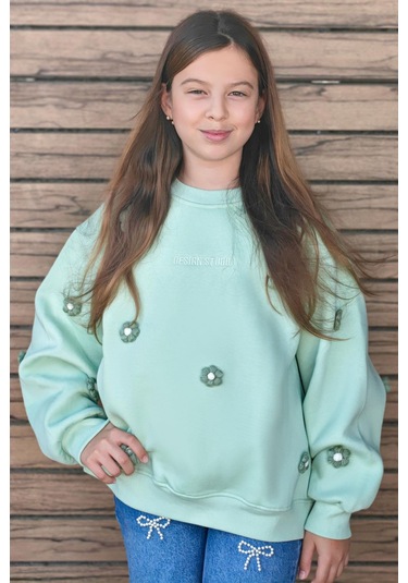 Locoloco Kız Çocuk Sweatshirt Çiçek Motifli 9-14 Yaş, Su Yeşili Su Yeşili