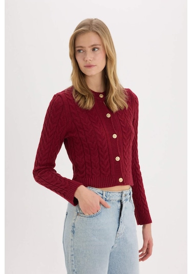 DeFacto Regular Fit Bisiklet Yaka Selanik Örgü Desenli Basic Düz Triko Hırka C9044AX25SPBR285 Bordo