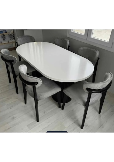 Vals Modern Siyah Ayak Oval Yemek Masası Ve Sandalye Takımı Krem