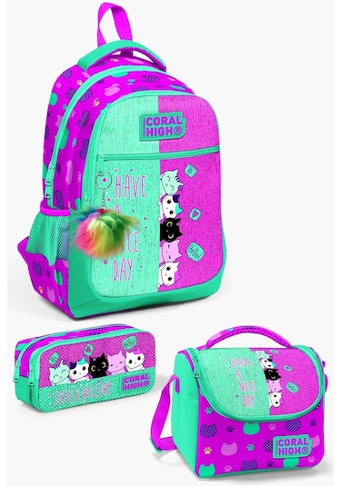 Coral High Kids Pembe Su Yeşili Kedi Desenli 3 Lü Okul Çanta Seti Set0123490