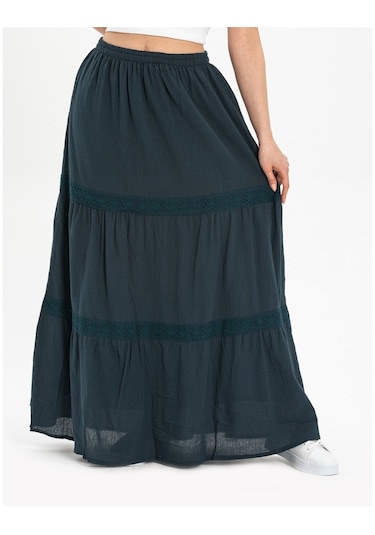 Uzun Şile Bezi Dantelli Etek Petrol Ptrl