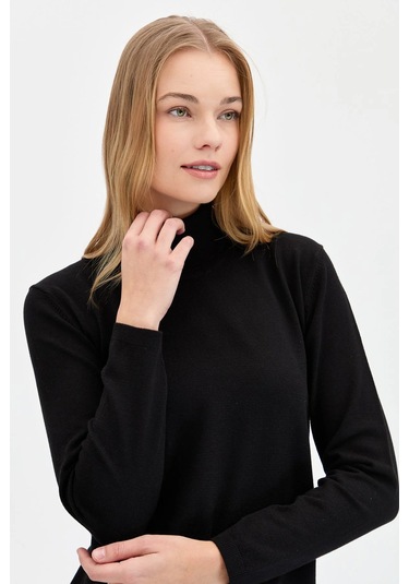 Desen Triko Kadın Likralı Uzun Kollu Basic Tam Balıkçı Bluz 20017 Siyah Siyah