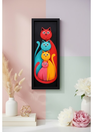 Modern Renkli Kedi Tablosu 25x60 Cm Çerçeveli Minimal Duvar Dekoru