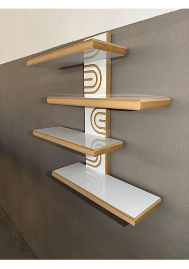 Asimetrik Bohem Ahşap Dekoratif Duvar Rafı 4 Raflı Beyaz