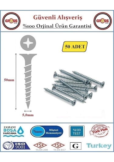 Sunta Vidası - Sivri Uçlu Ahşap Sunta Vidası - 5.0x50mm - 50 Adet 5.0*50