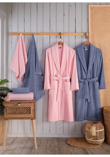 Newhome Alfa 6 Parça Kutulu %100 Pamuk Lüx Aile Bornoz Seti Pembe-mavi Karışık