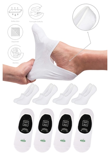 Bambu Erkek Babet Beyaz Çorap Dikişsiz Kaydırmaz Silikonlu 4'lü Beyaz