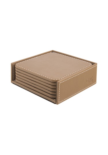 Bardak Altlığı,6 Lı Set,masaüstü Kare Cup Coaster,vegan Suni Deri,11x11 Cm.,vizon
